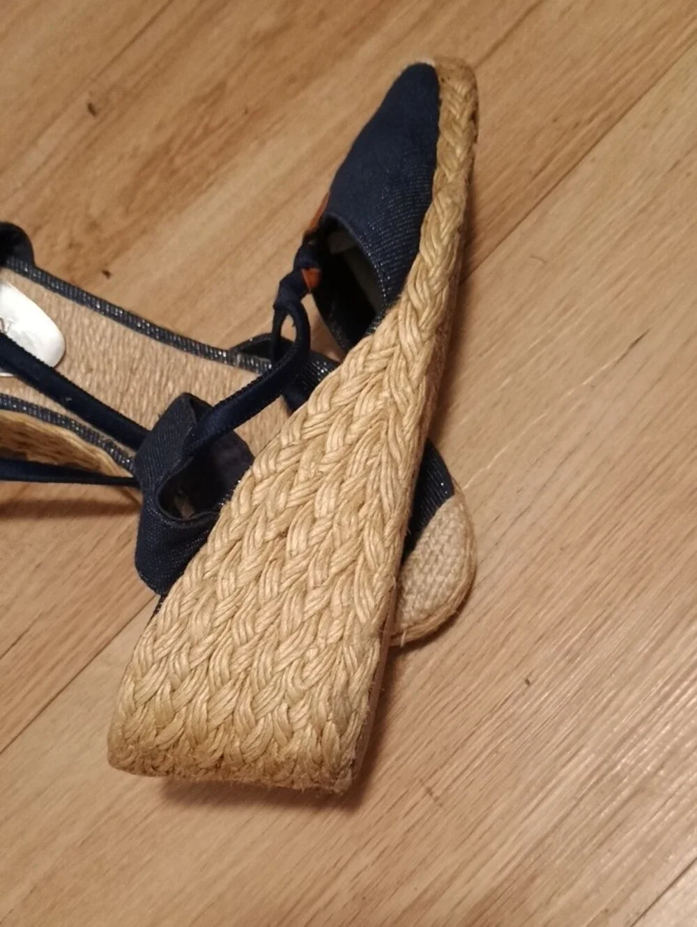 Lauren Ralph Lauren Navy Denim Espadrille Wedge Sandals with Tan Accent